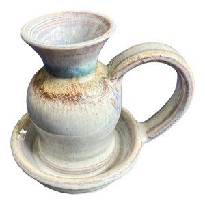 Vintage Art Pottery Candle Holder Handle Plate Brown Tones Glazed Signed 4" Tall